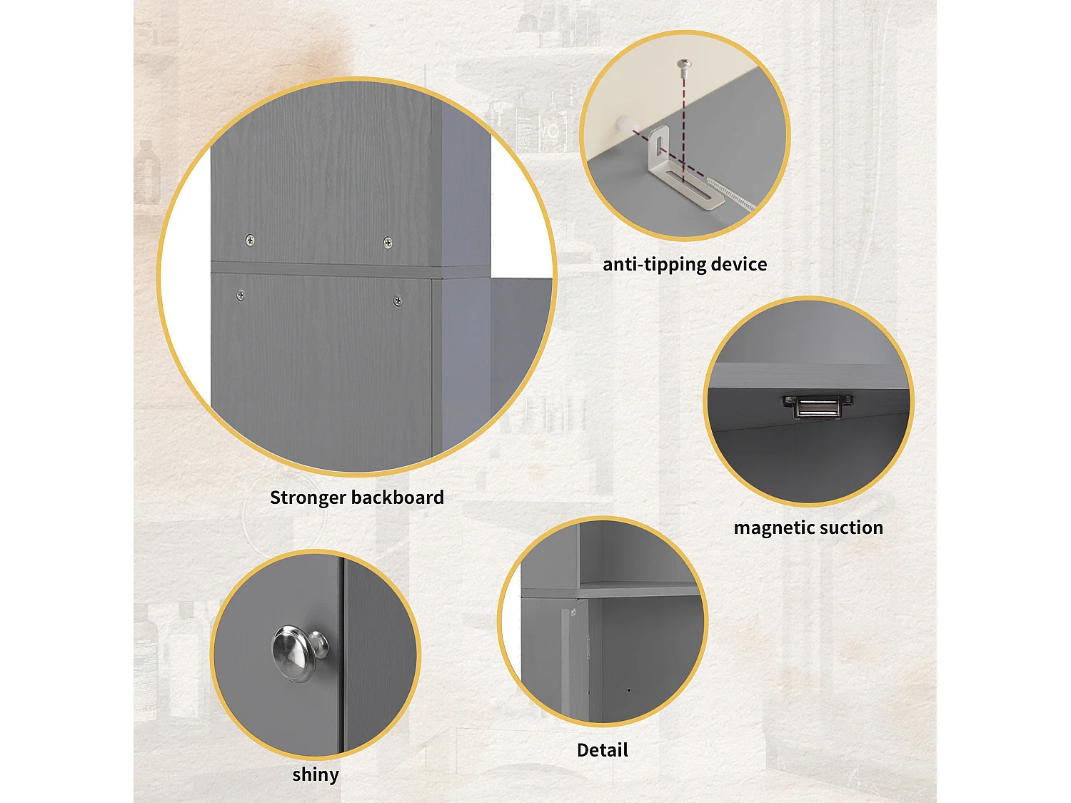 Badezimmer-Ecksäule – 2 offene Fächer und 2 Türen – verstellbare Einlegeböden – Grau