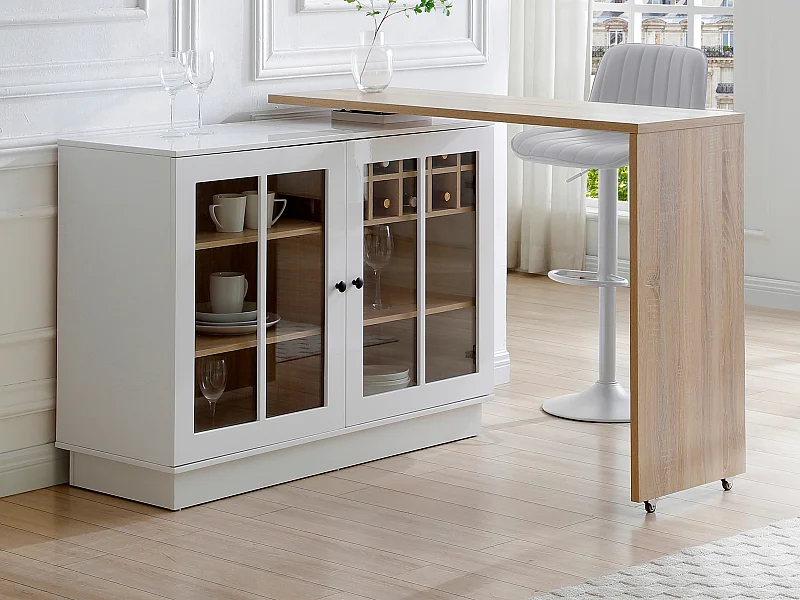 Meuble de bar pivotant avec rangements - Blanc et naturel - ARAMETA