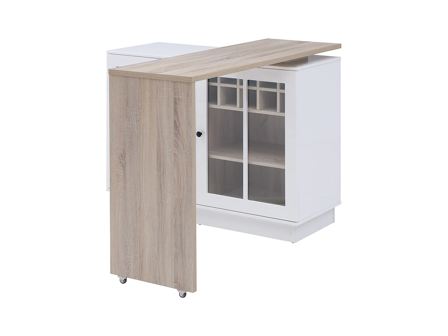 Meuble de bar pivotant avec rangements - Blanc et naturel - ARAMETA