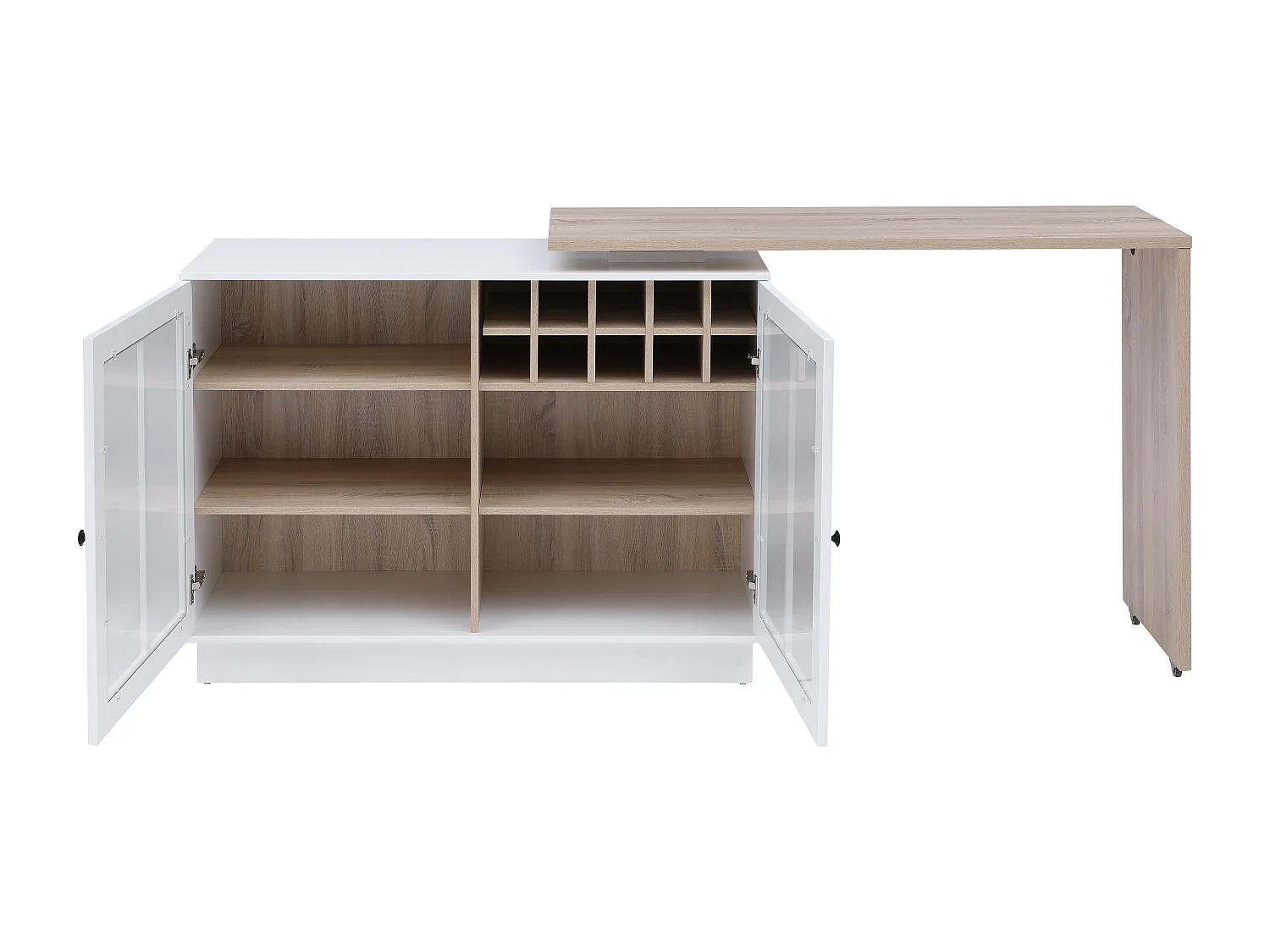 Meuble de bar pivotant avec rangements - Blanc et naturel - ARAMETA