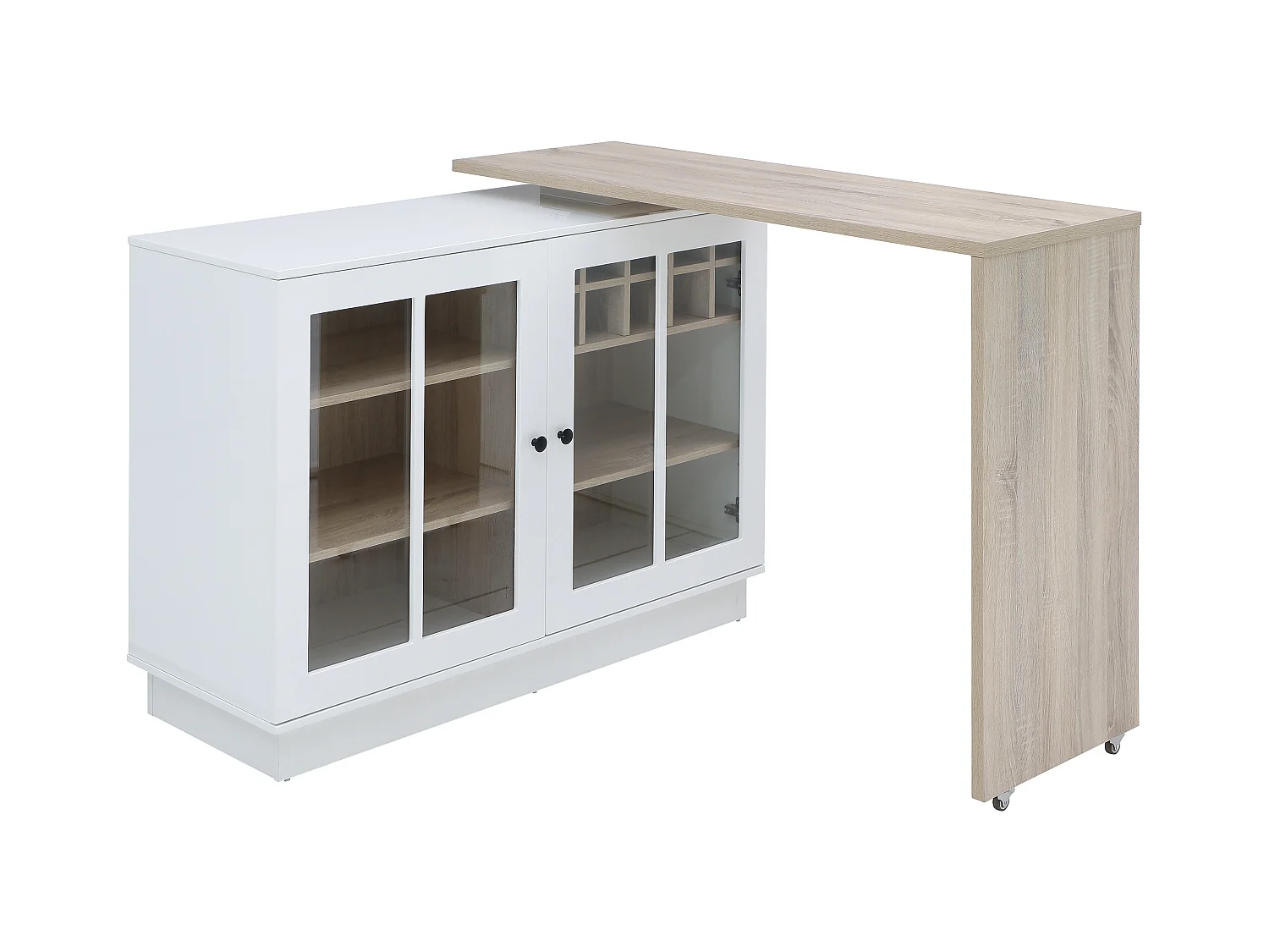 Meuble de bar pivotant avec rangements - Blanc et naturel - ARAMETA