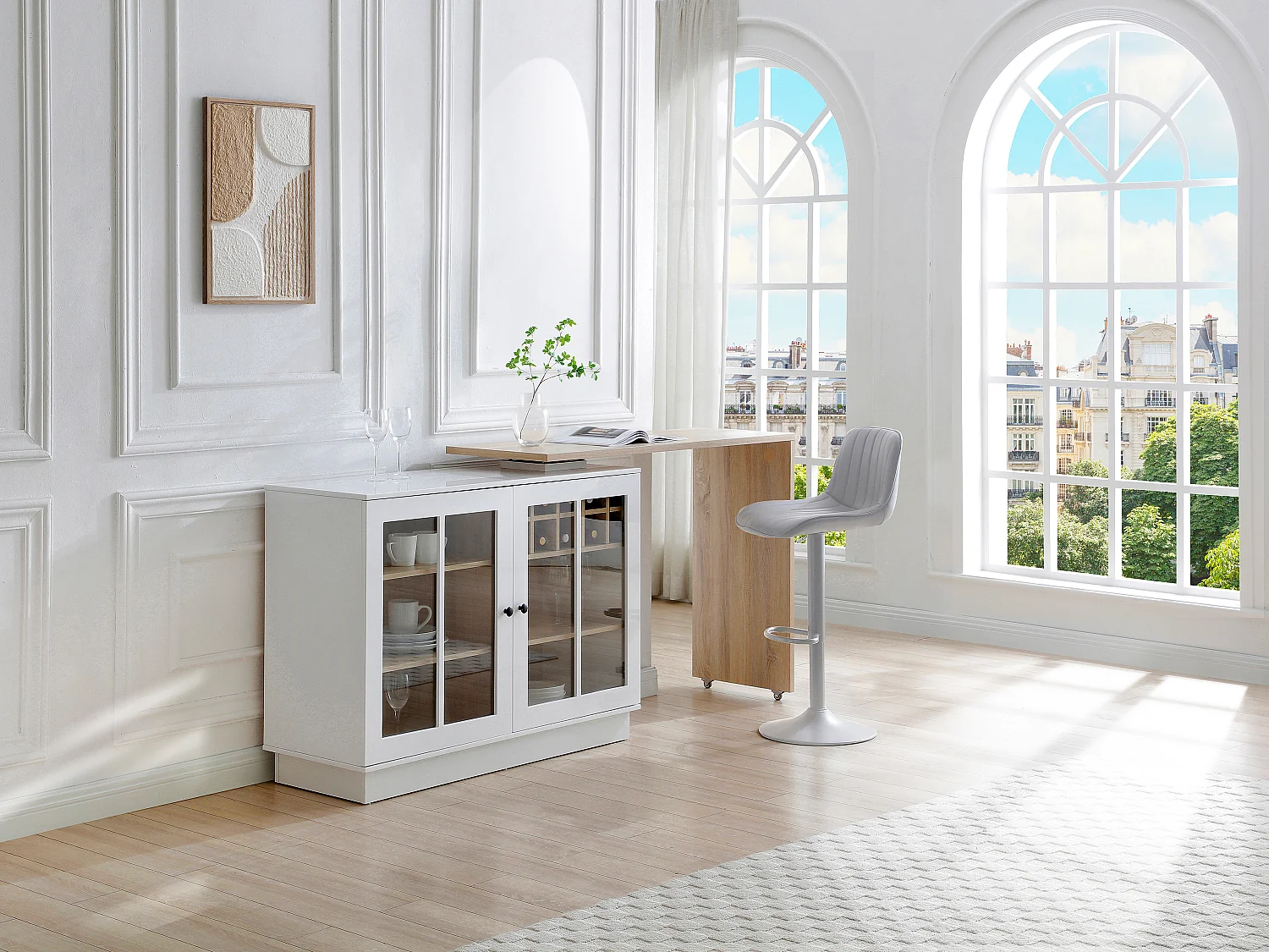 Meuble de bar pivotant avec rangements - Blanc et naturel - ARAMETA