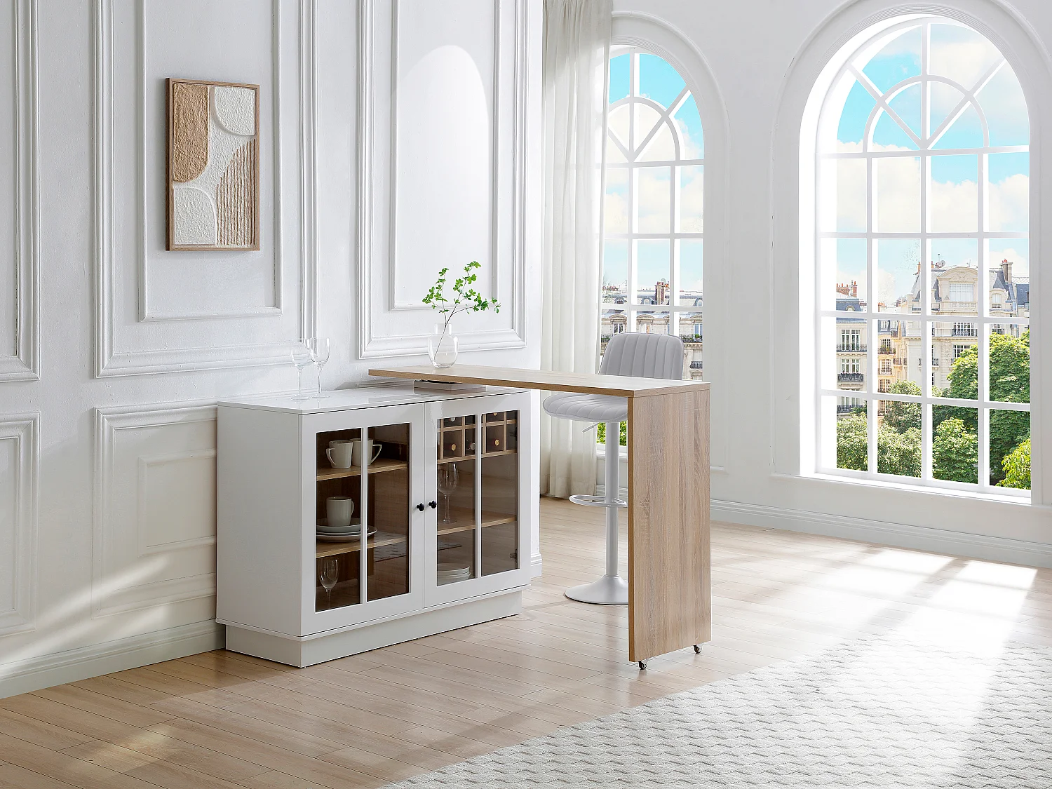 Meuble de bar pivotant avec rangements - Blanc et naturel - ARAMETA