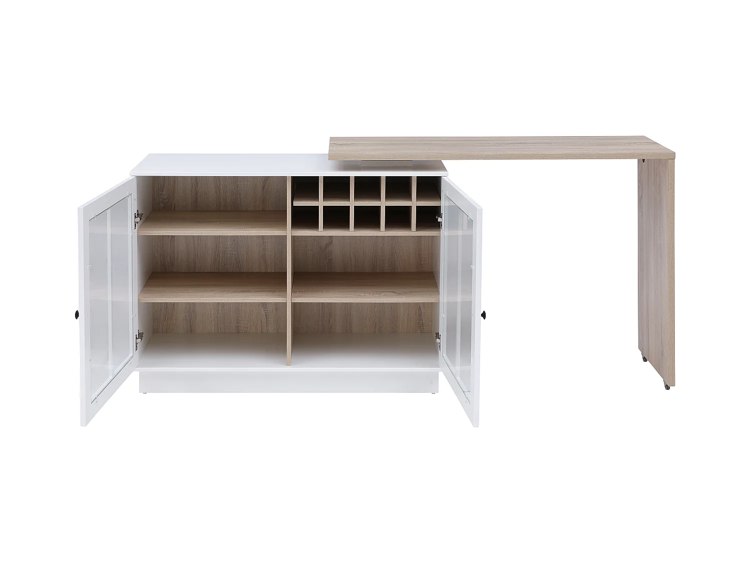Meuble de bar pivotant avec rangements - Blanc et naturel - ARAMETA