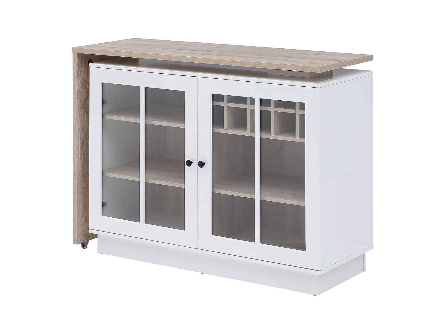 Meuble de bar pivotant avec rangements - Blanc et naturel - ARAMETA