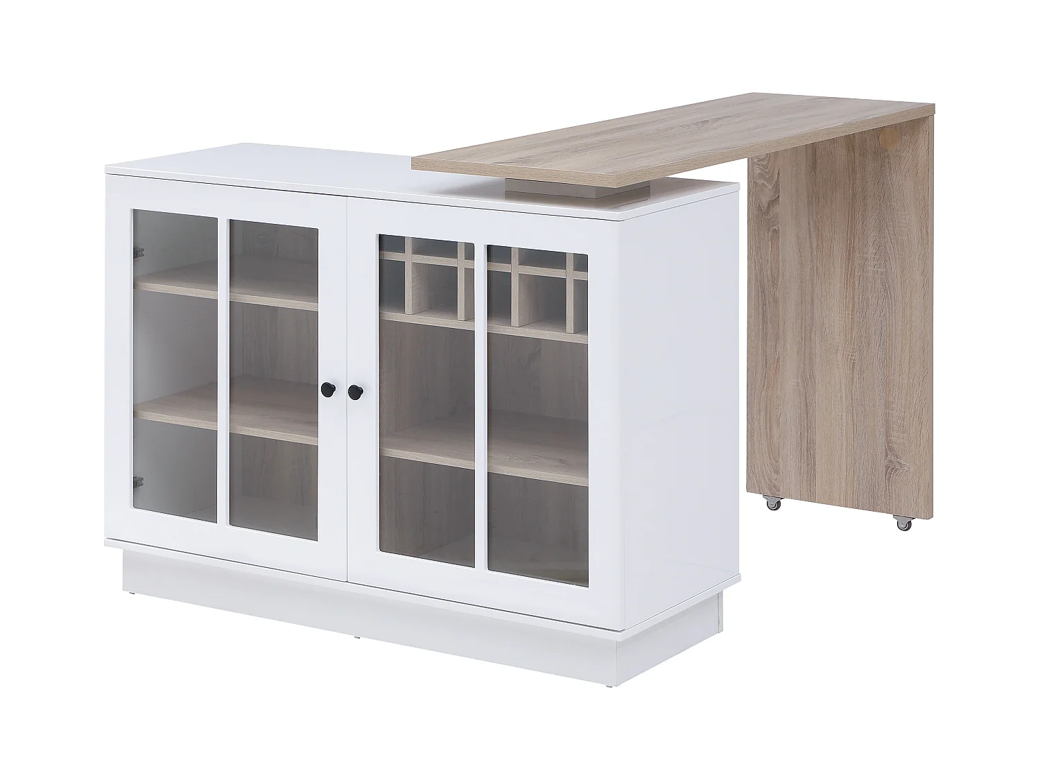 Meuble de bar pivotant avec rangements - Blanc et naturel - ARAMETA