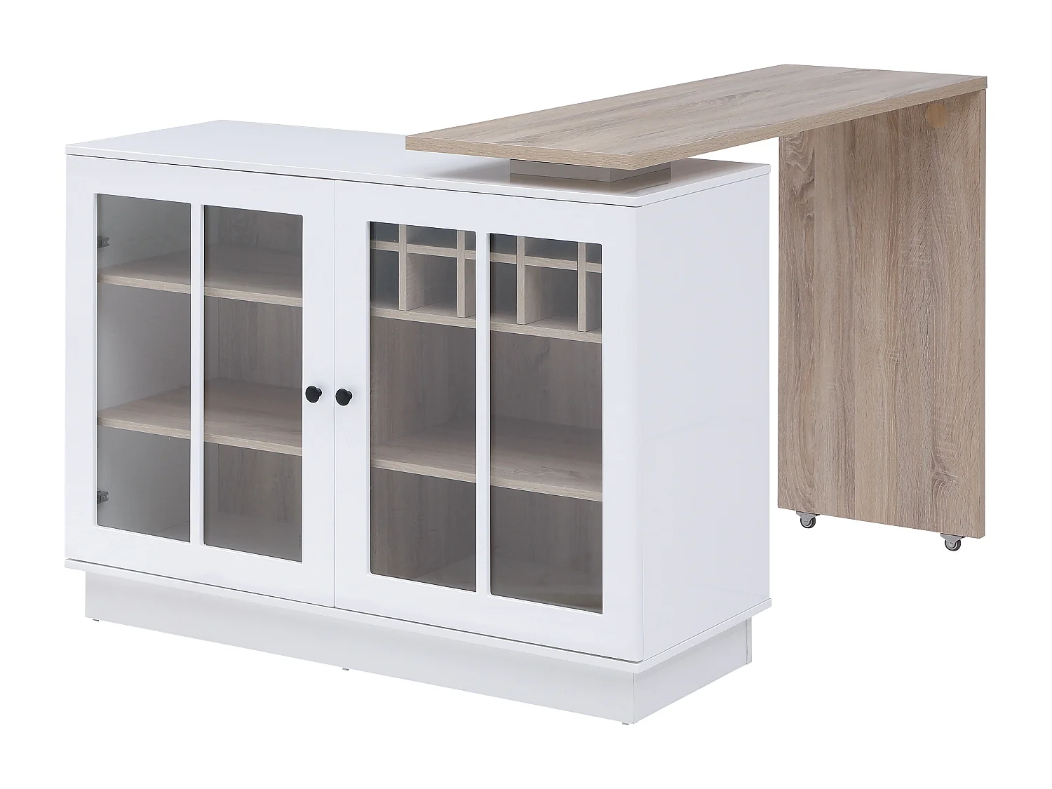 Meuble de bar pivotant avec rangements - Blanc et naturel - ARAMETA