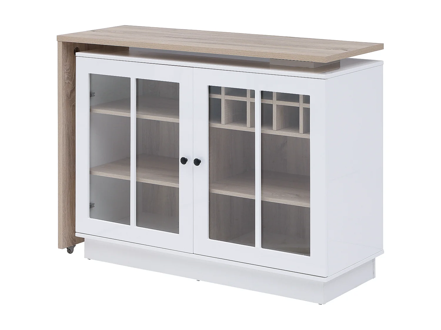 Meuble de bar pivotant avec rangements - Blanc et naturel - ARAMETA