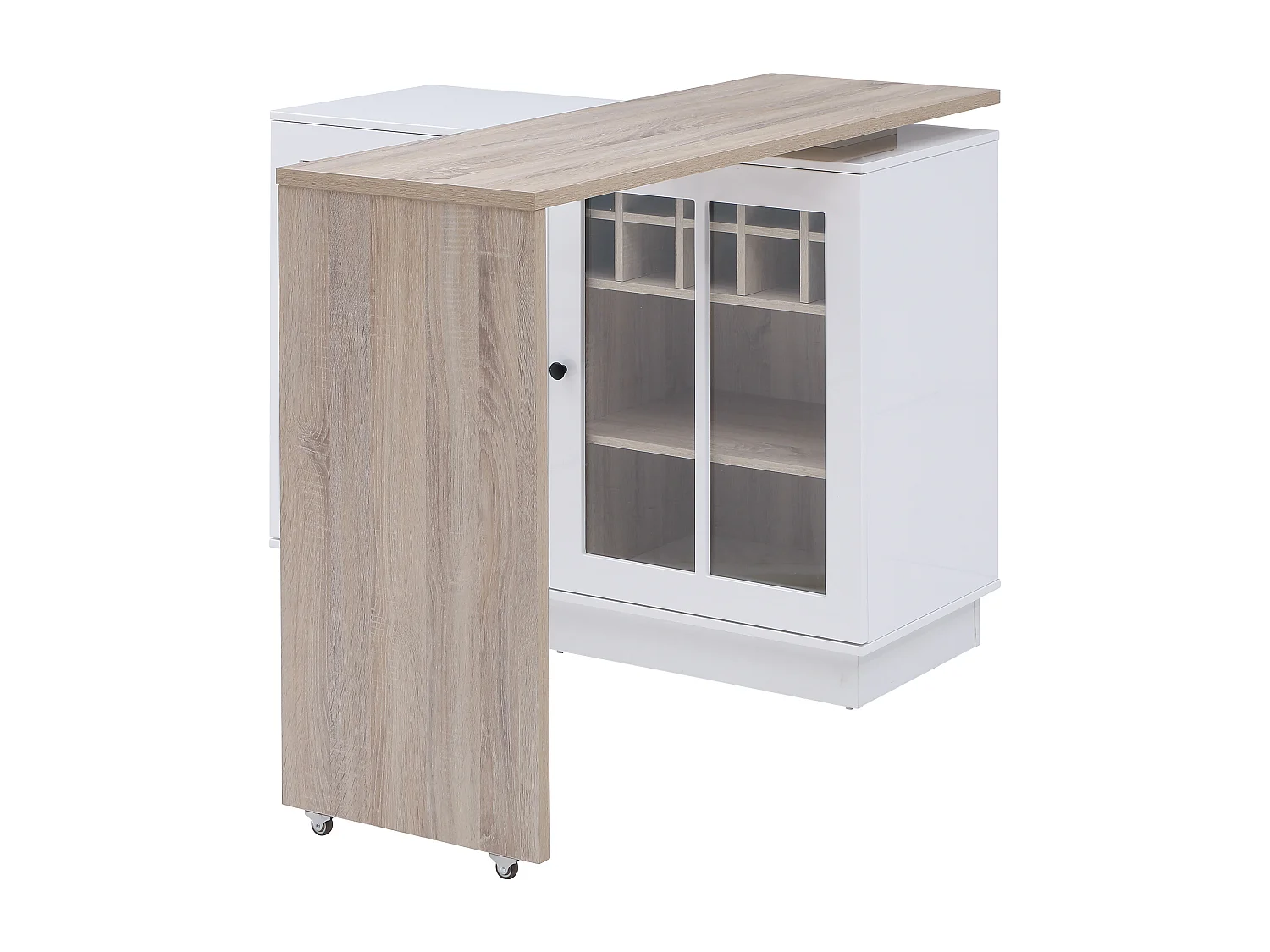 Meuble de bar pivotant avec rangements - Blanc et naturel - ARAMETA