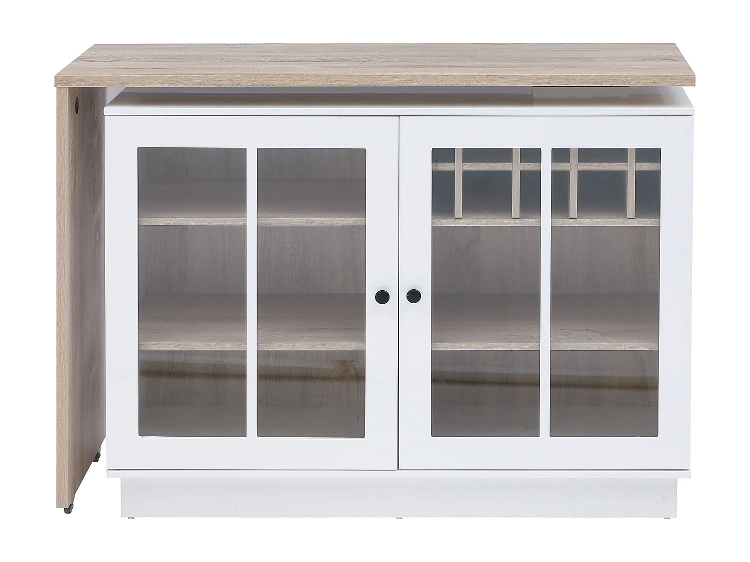 Meuble de bar pivotant avec rangements - Blanc et naturel - ARAMETA