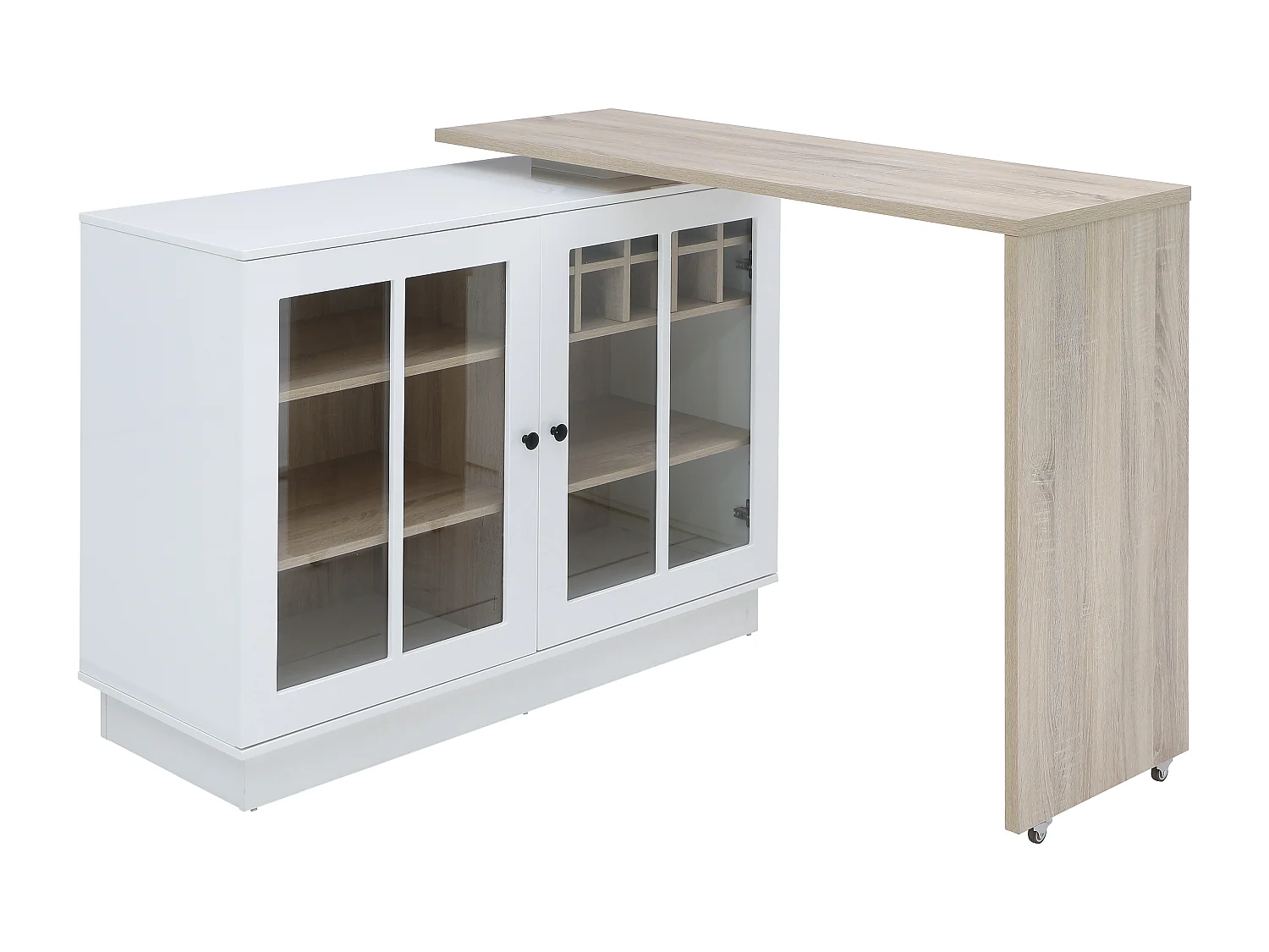 Meuble de bar pivotant avec rangements - Blanc et naturel - ARAMETA