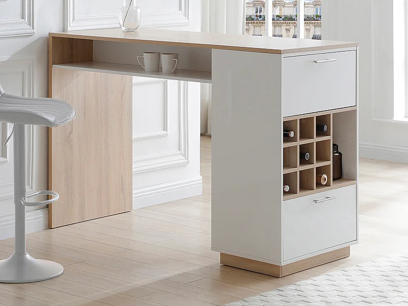 Meuble de bar avec rangements - Blanc et naturel - ANOSKI