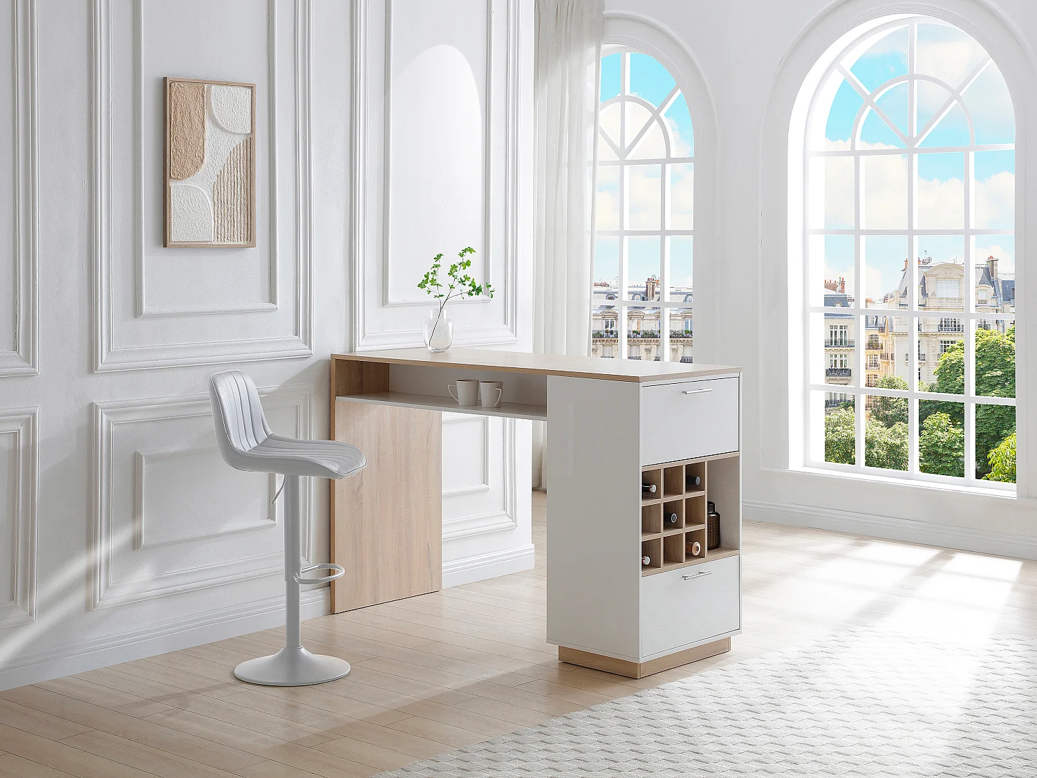 Meuble de bar avec rangements - Blanc et naturel - ANOSKI