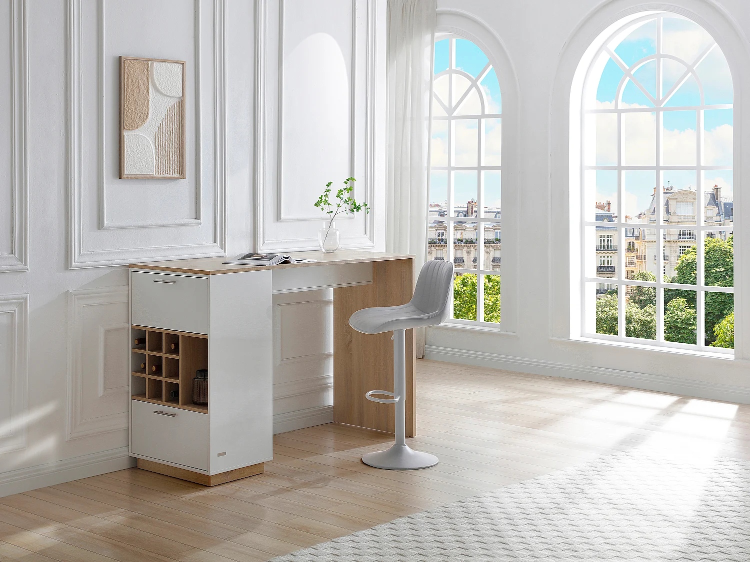 Meuble de bar avec rangements - Blanc et naturel - ANOSKI