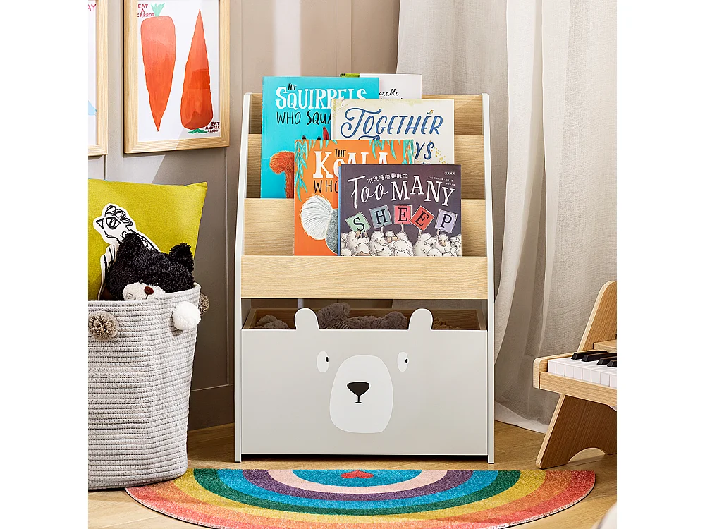 SoBuy KMB104-HG Bibliothèque Enfant, Étagère de Rangement Jouets pour Enfants, Porte-revues avec Boître Roulante et 3 Étagères