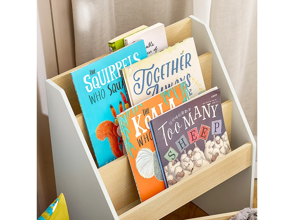 SoBuy KMB104-HG Bibliothèque Enfant, Étagère de Rangement Jouets pour Enfants, Porte-revues avec Boître Roulante et 3 Étagères