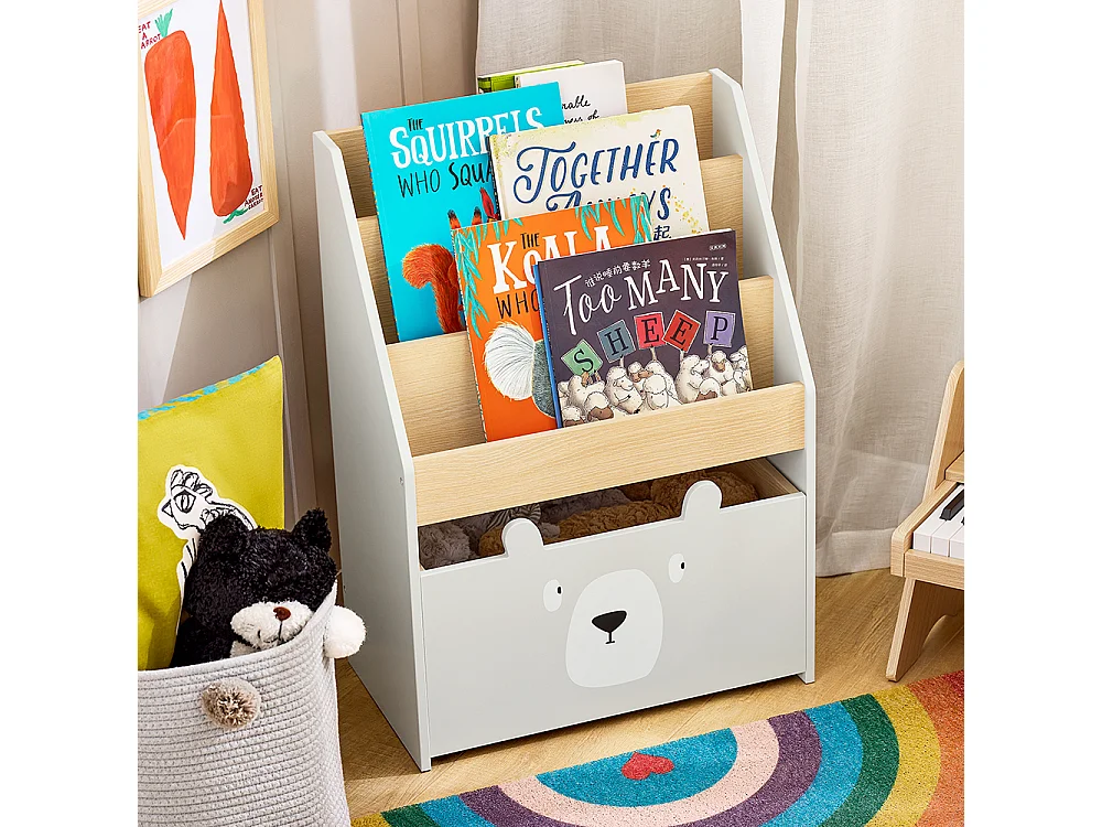 SoBuy KMB104-HG Bibliothèque Enfant, Étagère de Rangement Jouets pour Enfants, Porte-revues avec Boître Roulante et 3 Étagères