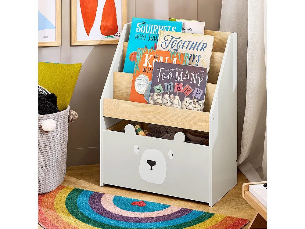 SoBuy KMB104-HG Bibliothèque Enfant, Étagère de Rangement Jouets pour Enfants, Porte-revues avec Boître Roulante et 3 Étagères