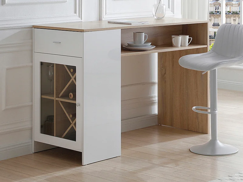 Meuble de bar avec rangements - Blanc et naturel - NIRAYA