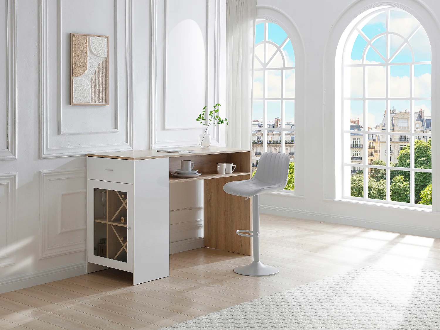 Meuble de bar avec rangements - Blanc et naturel - NIRAYA