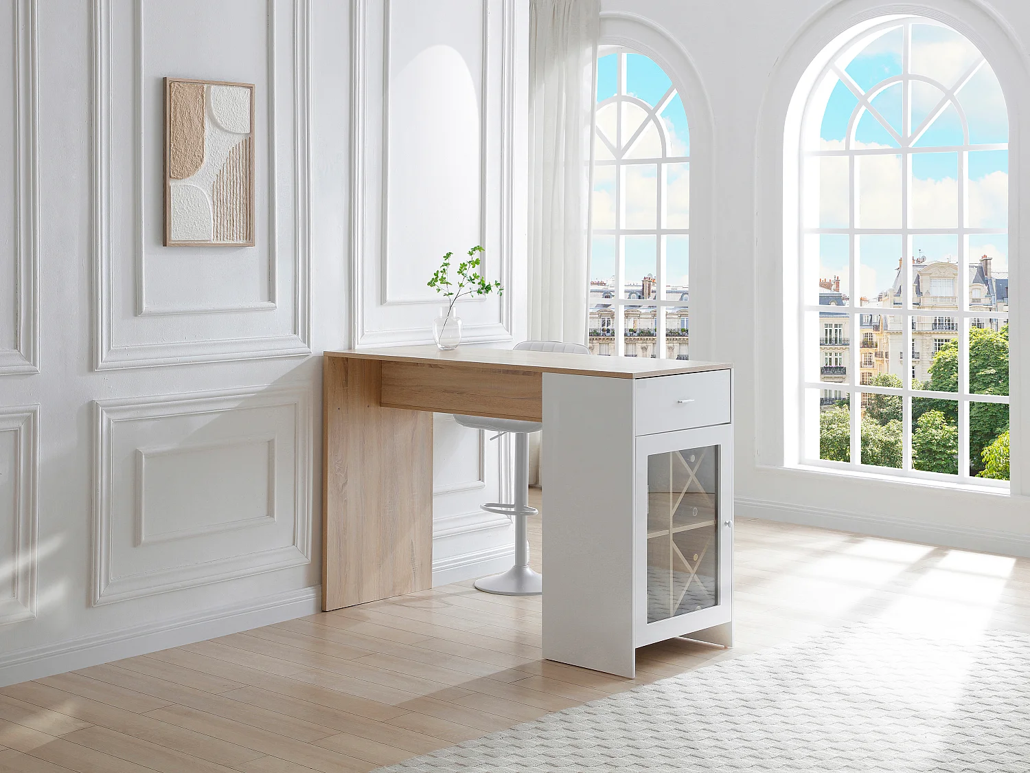 Meuble de bar avec rangements - Blanc et naturel - NIRAYA