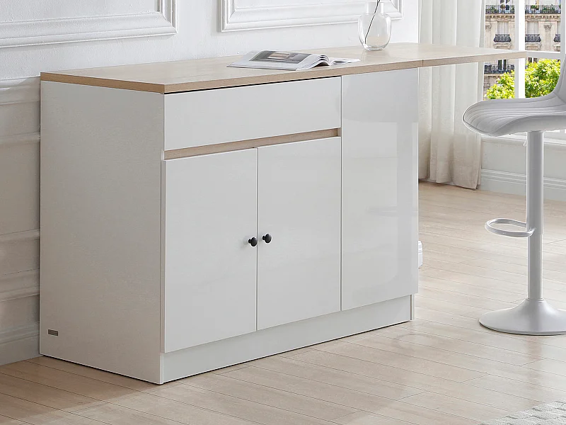 Ilot central de cuisine avec rangements en MDF - Blanc et naturel - HELOMY