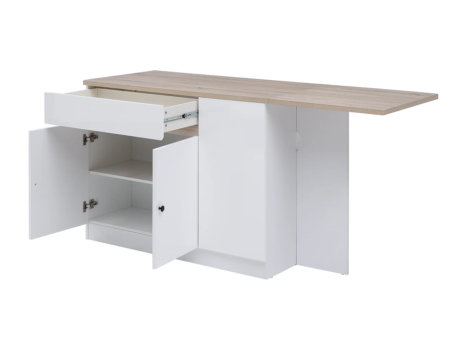 Ilot central de cuisine avec rangements en MDF - Blanc et naturel - HELOMY