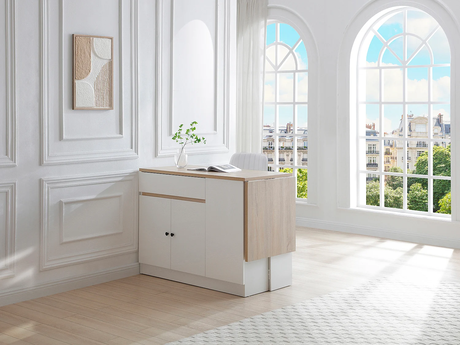 Ilot central de cuisine avec rangements en MDF - Blanc et naturel - HELOMY