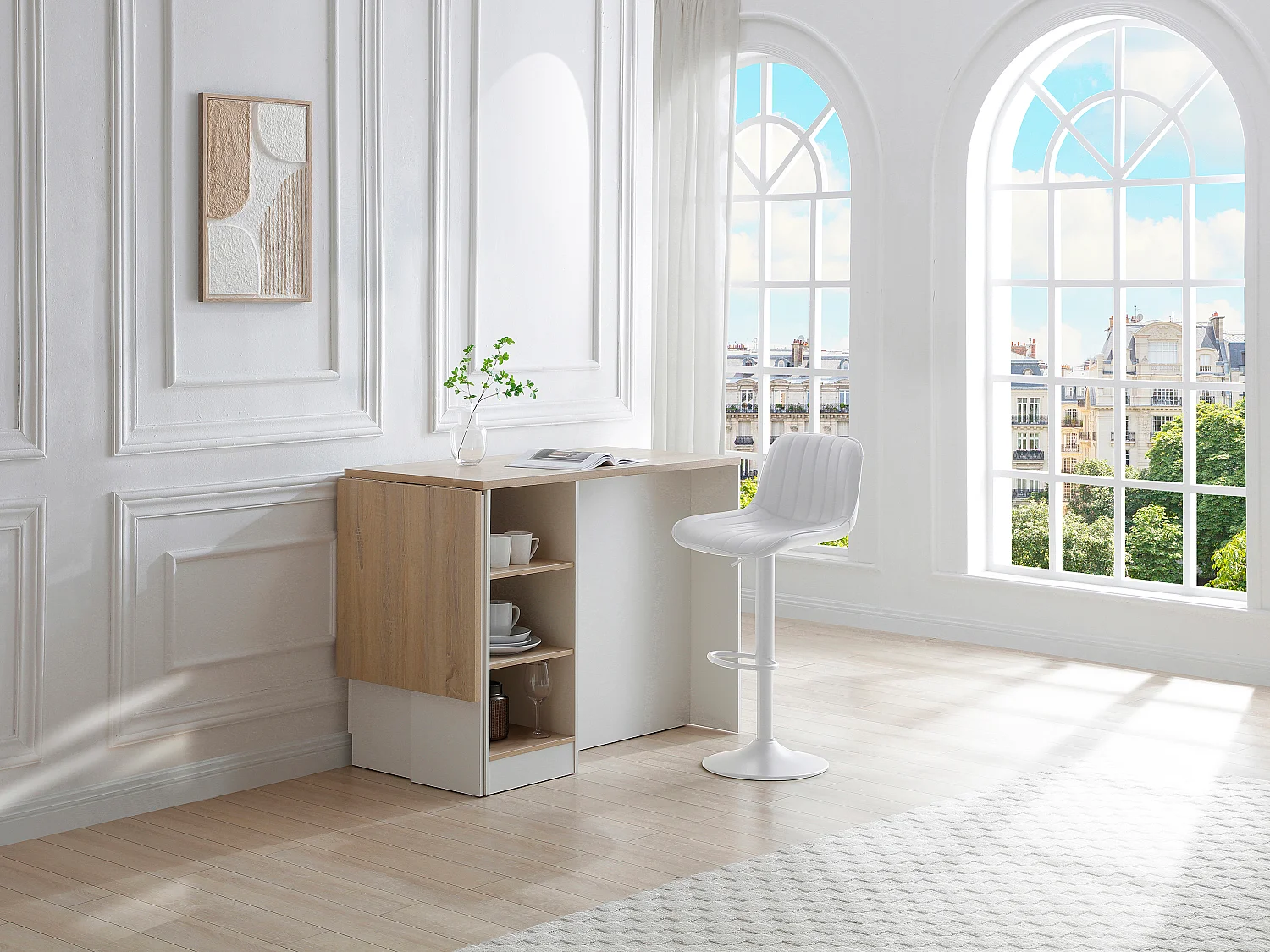 Ilot central de cuisine avec rangements en MDF - Blanc et naturel - HELOMY