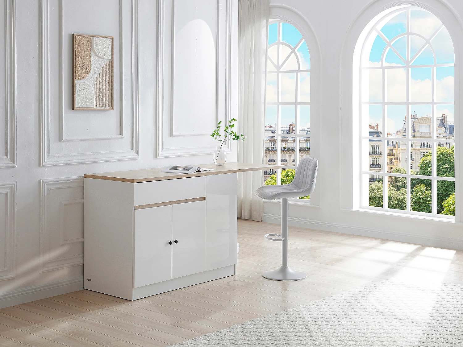 Ilot central de cuisine avec rangements en MDF - Blanc et naturel - HELOMY