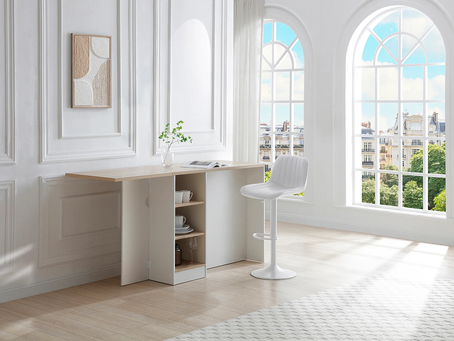 Ilot central de cuisine avec rangements en MDF - Blanc et naturel - HELOMY