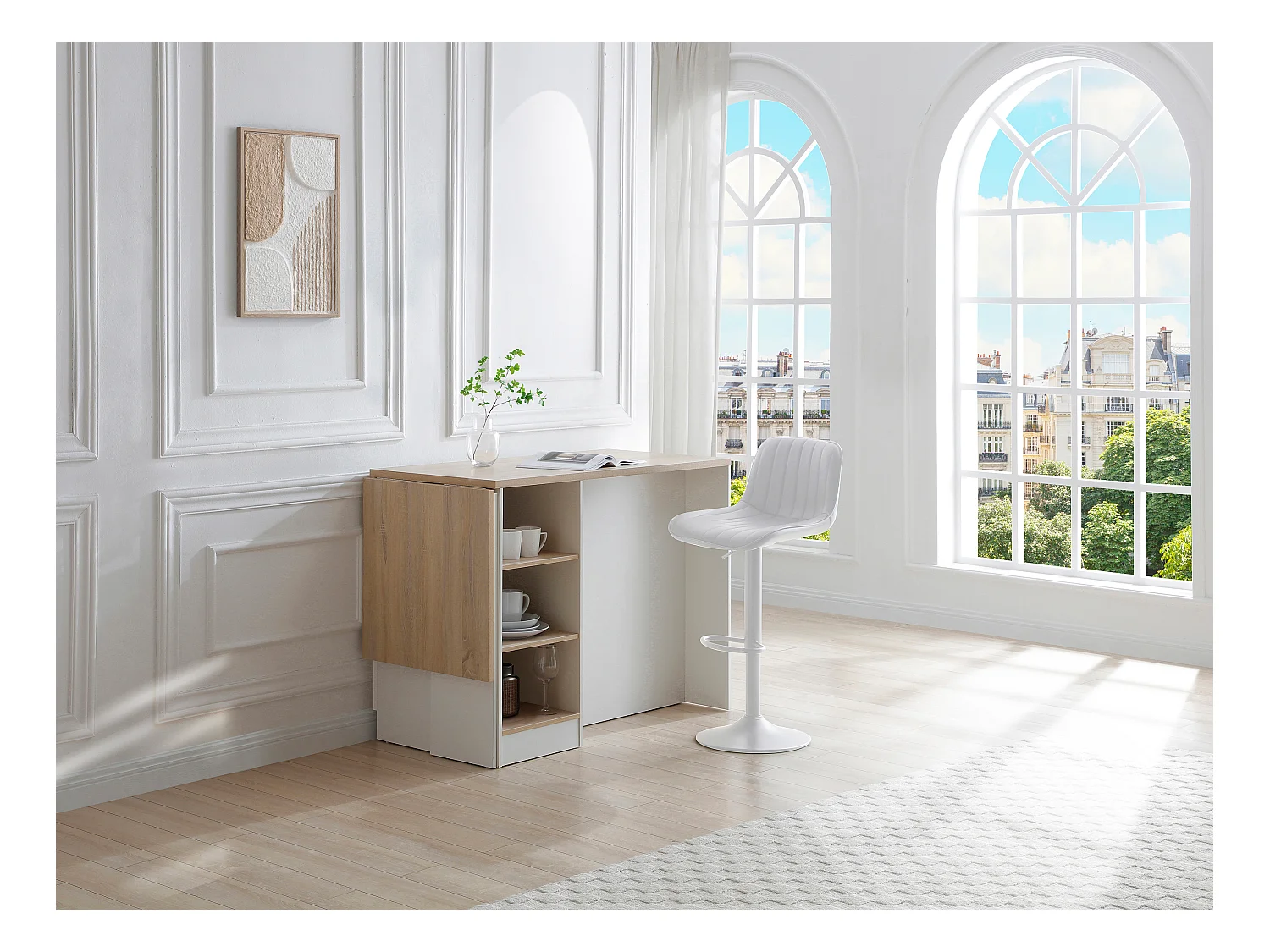 Ilot central de cuisine avec rangements en MDF - Blanc et naturel - HELOMY