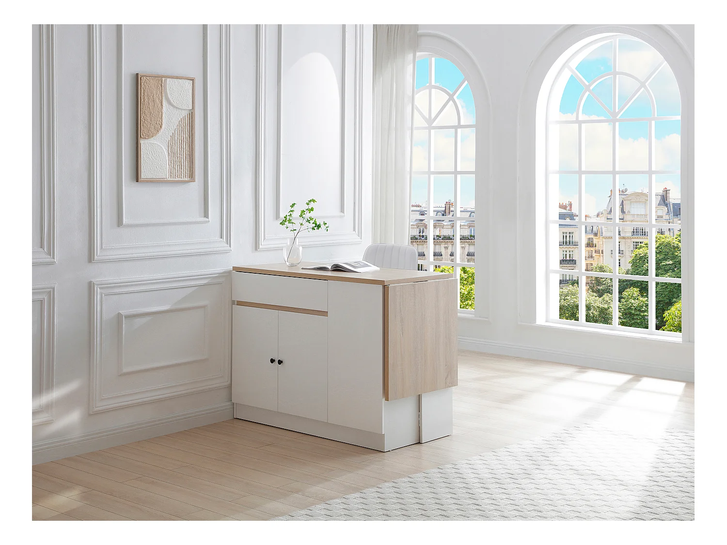 Ilot central de cuisine avec rangements en MDF - Blanc et naturel - HELOMY