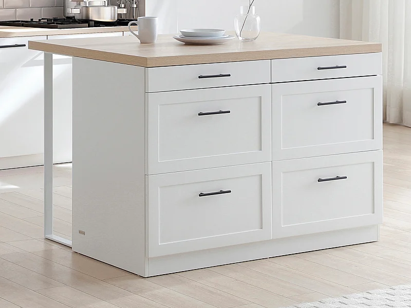 Kücheninsel mit 6 Schubladen - MDF & Metall - Weiß & Holzfarben - LAKSINA