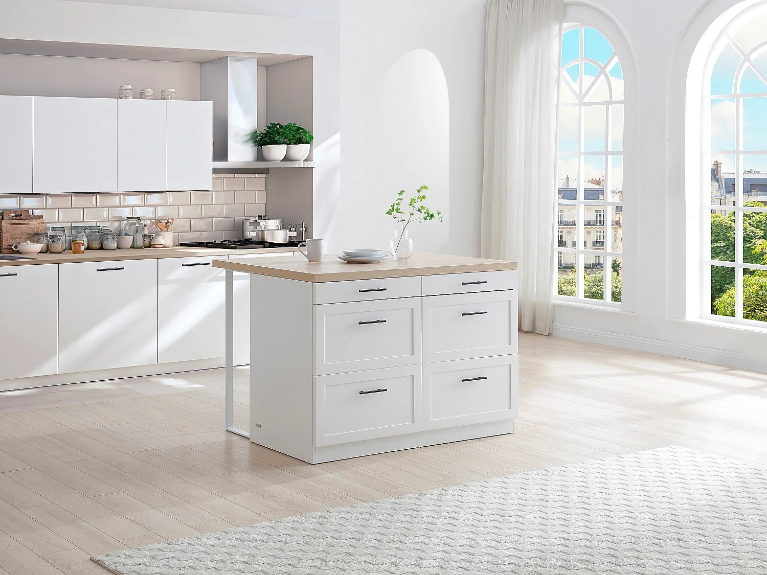 Ilot central de cuisine avec 6 tiroirs en MDF et métal - Blanc et naturel - LAKSINA