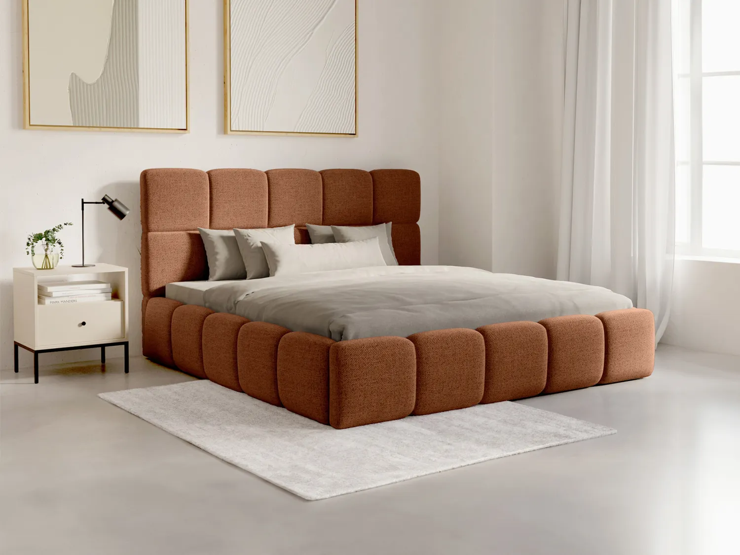 Letto con contenitore 160 x 200 cm Tessuto testurizzato Terracotta + Materasso - DAMADO di PASCAL MORABITO