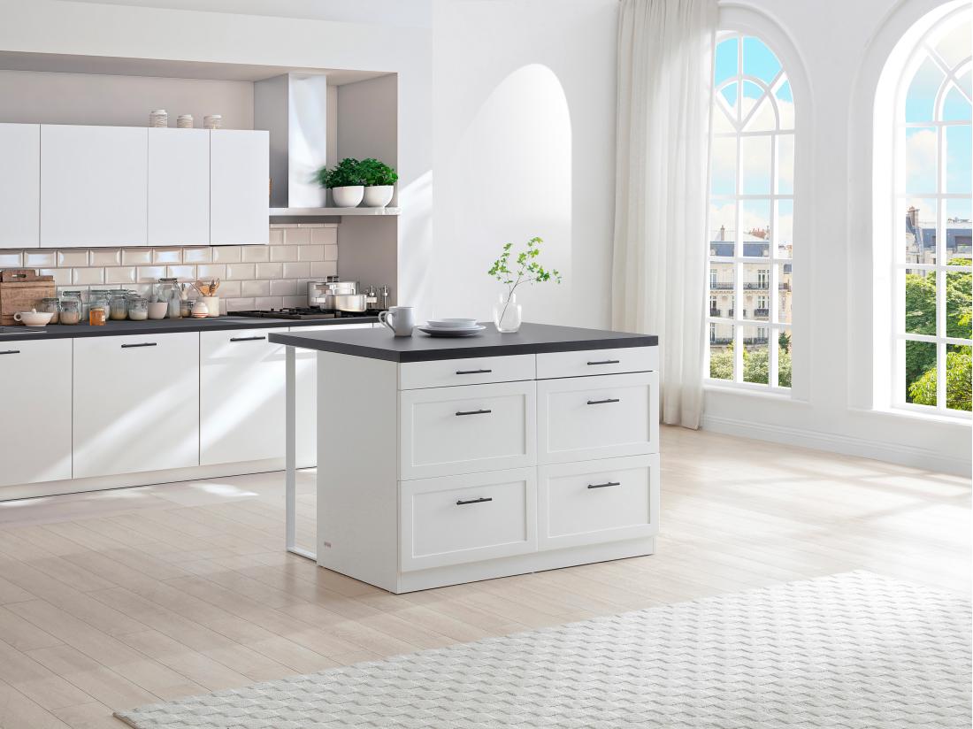 vente unique Ilot central de cuisine avec 6 tiroirs en MDF et métal - Blanc et anthracite - LAKSINA