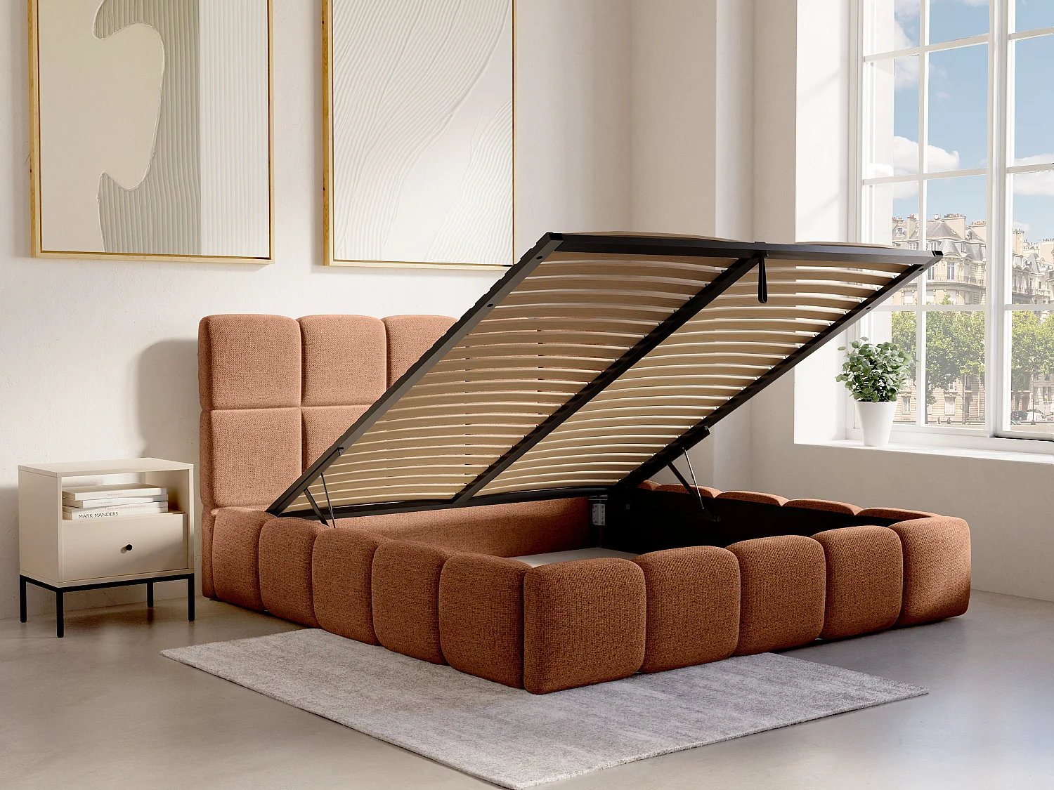 Lit coffre 180 x 200 cm - Tissu texturé - Terracotta + Matelas - DAMADO de Pascal Morabito