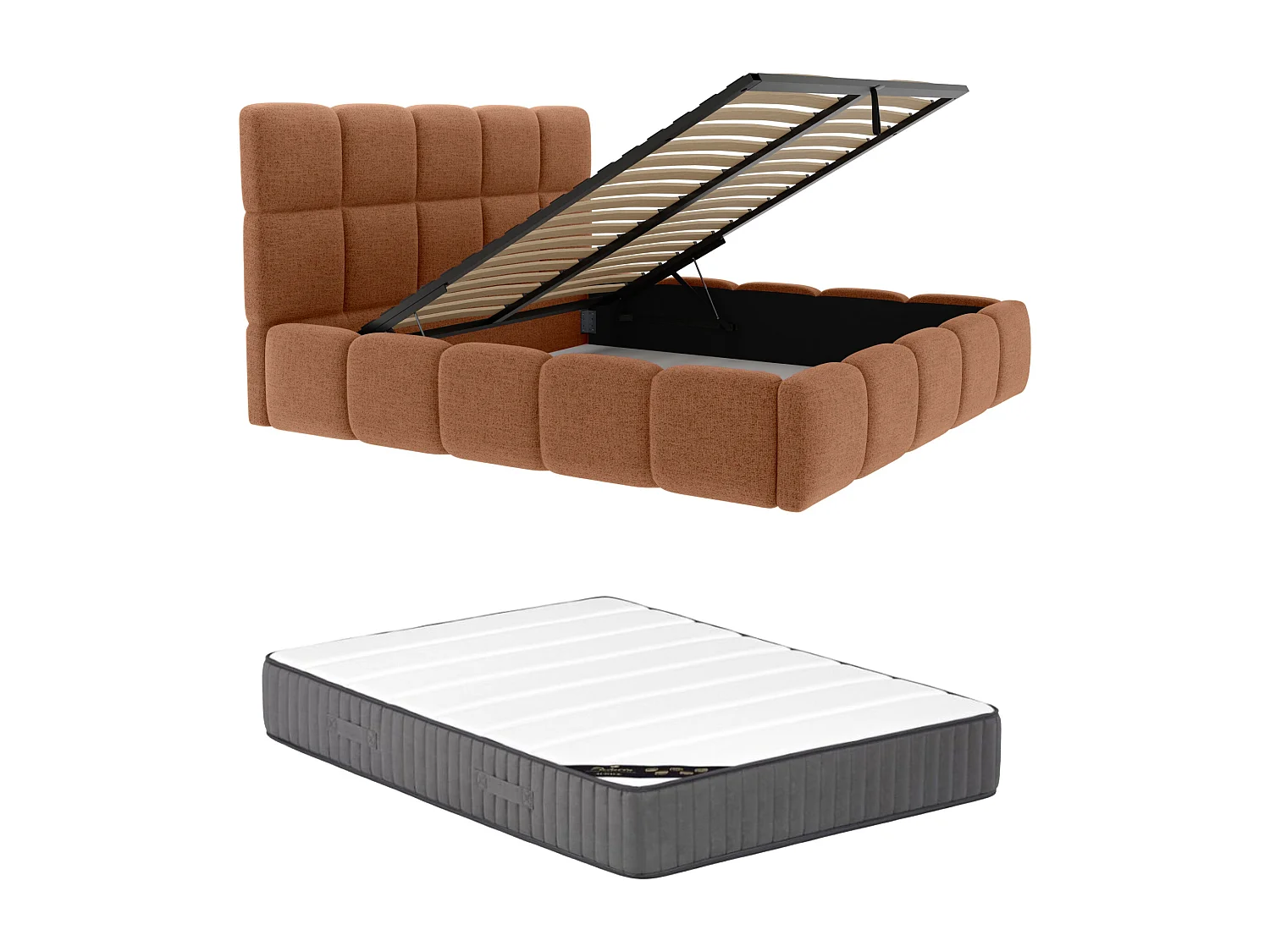 Lit coffre 180 x 200 cm - Tissu texturé - Terracotta + Matelas - DAMADO de Pascal Morabito