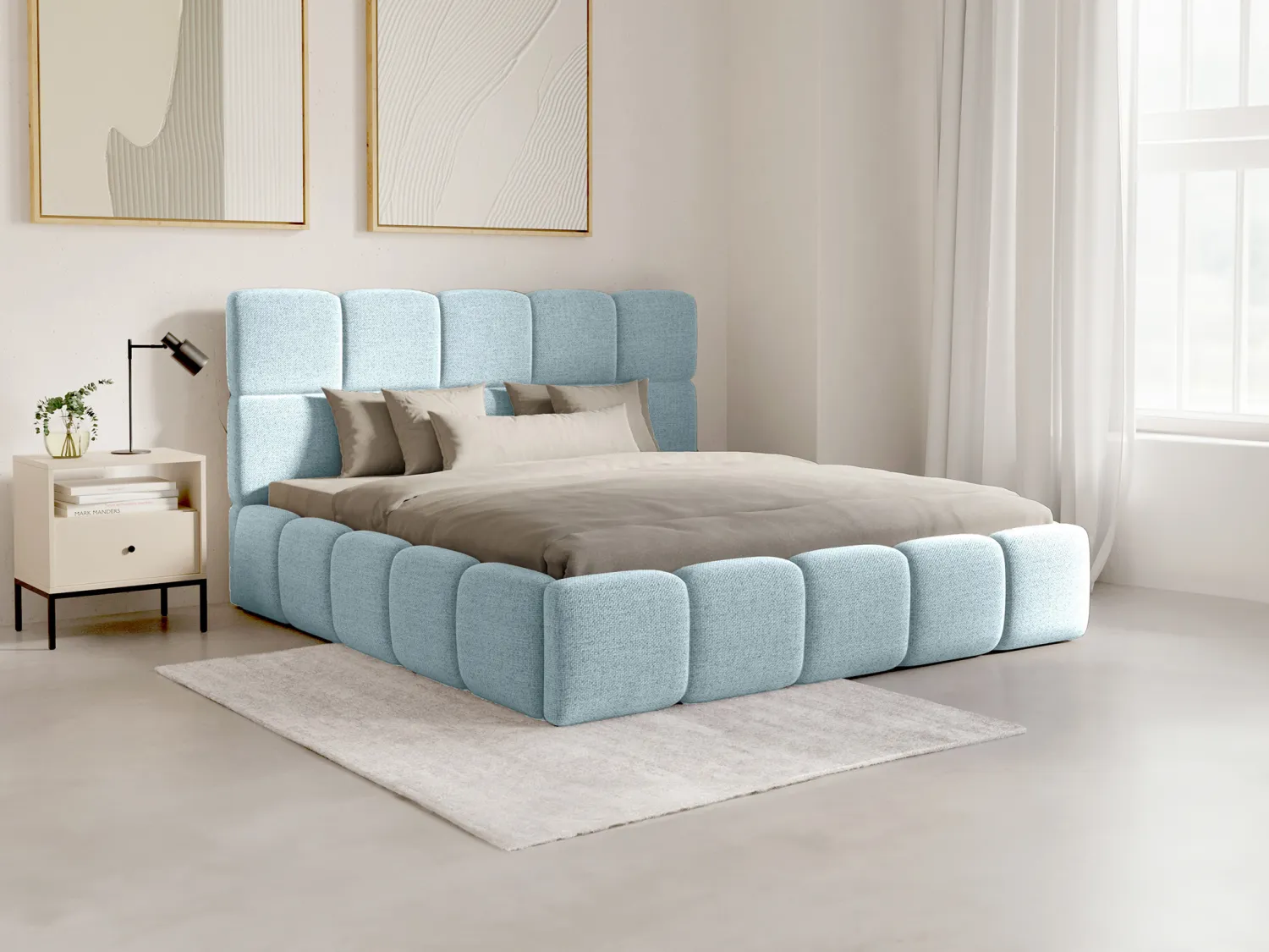 Letto con contenitore 180 x 200 cm Tessuto testurizzato Azzurro + Materasso - DAMADO di PASCAL MORABITO