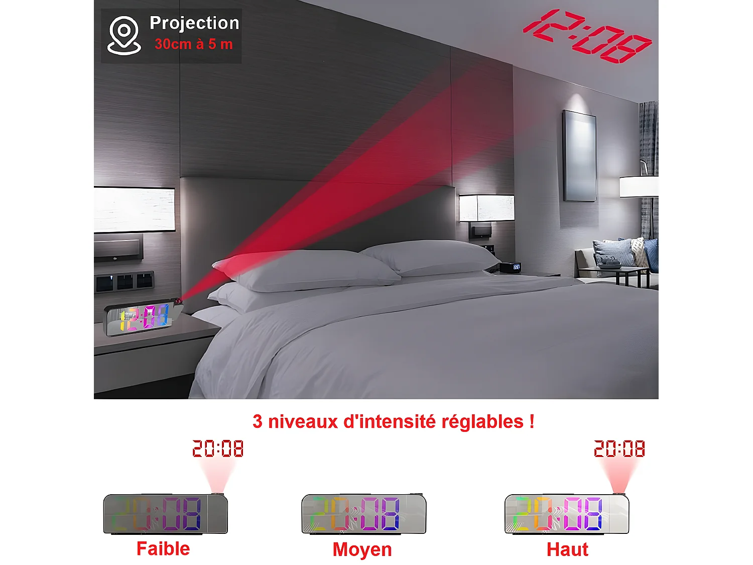 Réveil-projecteur miroir multicolore