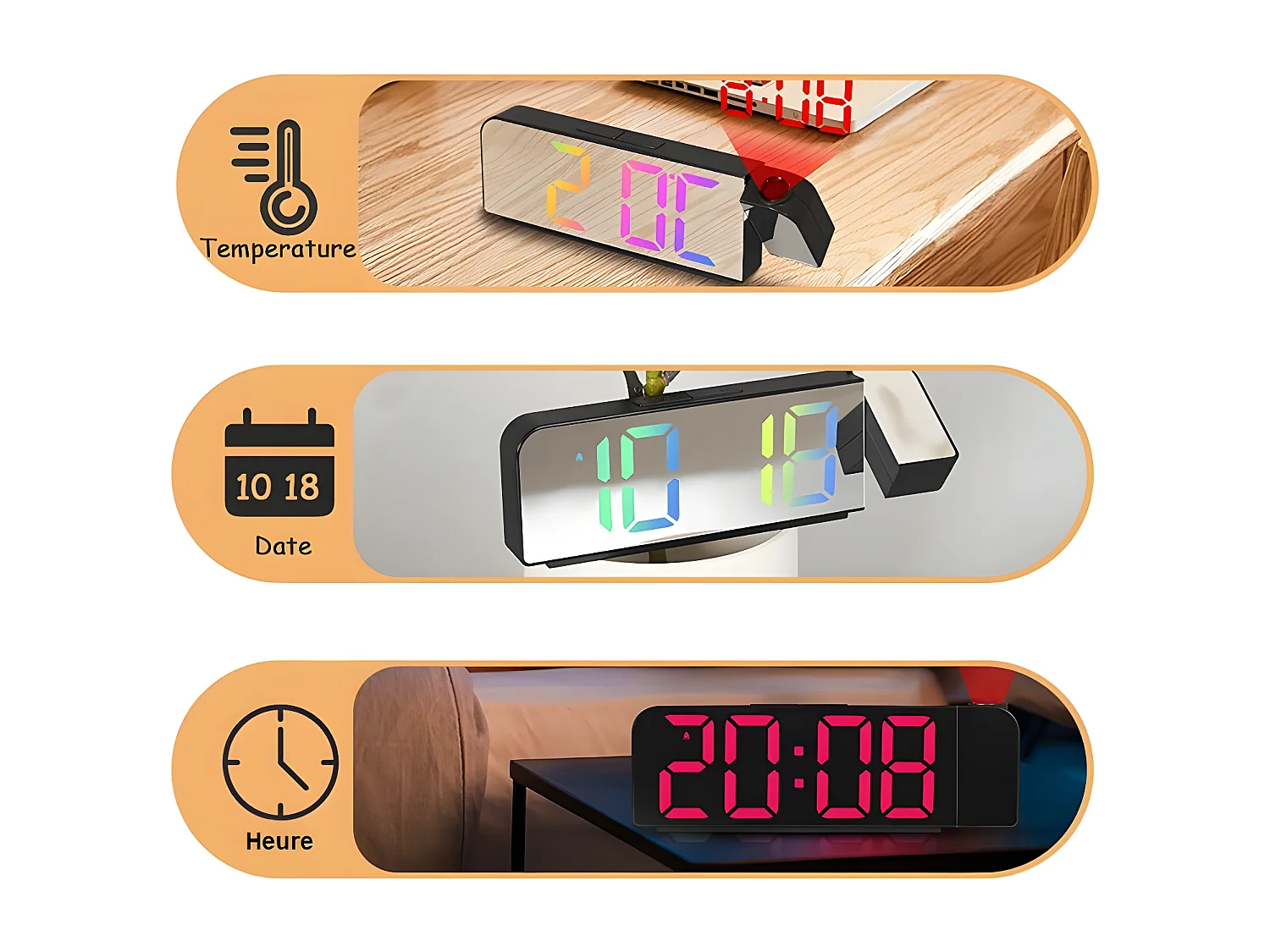 Réveil-projecteur miroir multicolore