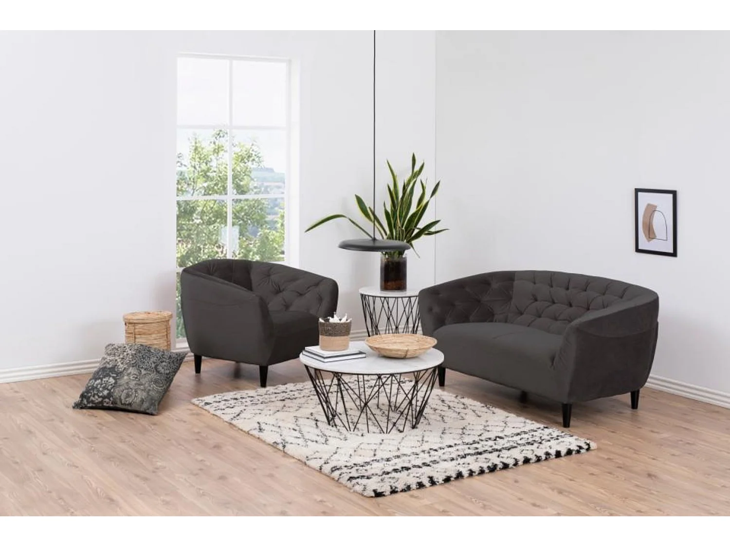 Canapé droit 2 places en velours capitonné L150 - Ria