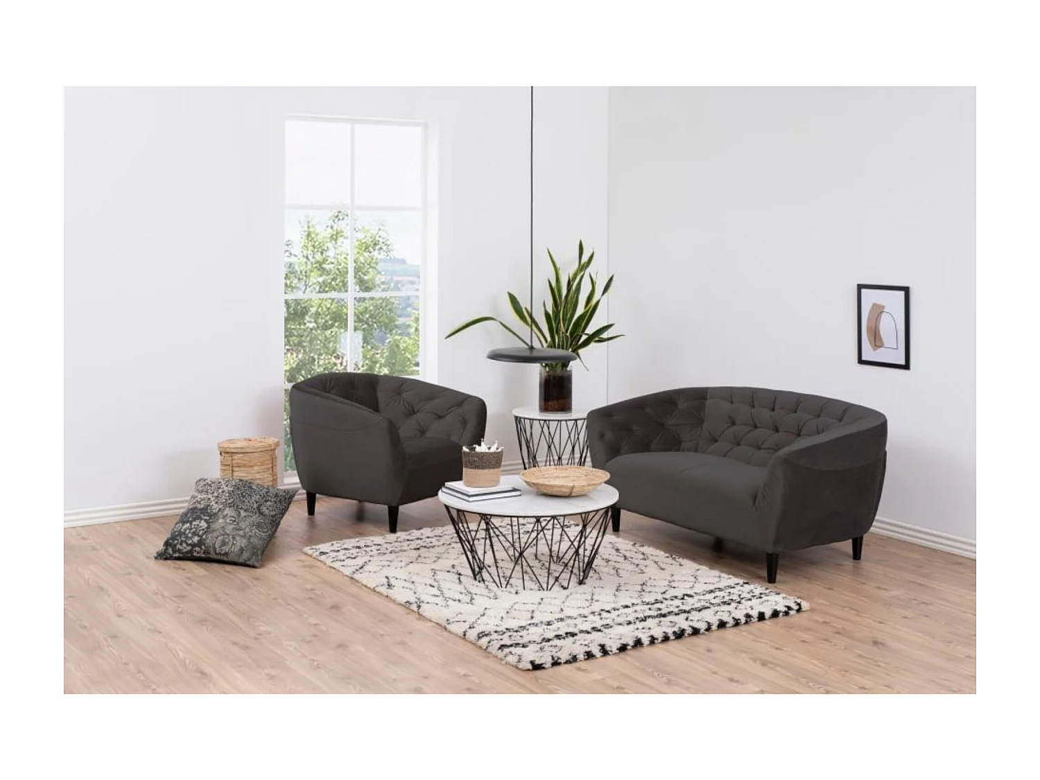 Canapé droit 2 places en velours capitonné L150 - Ria