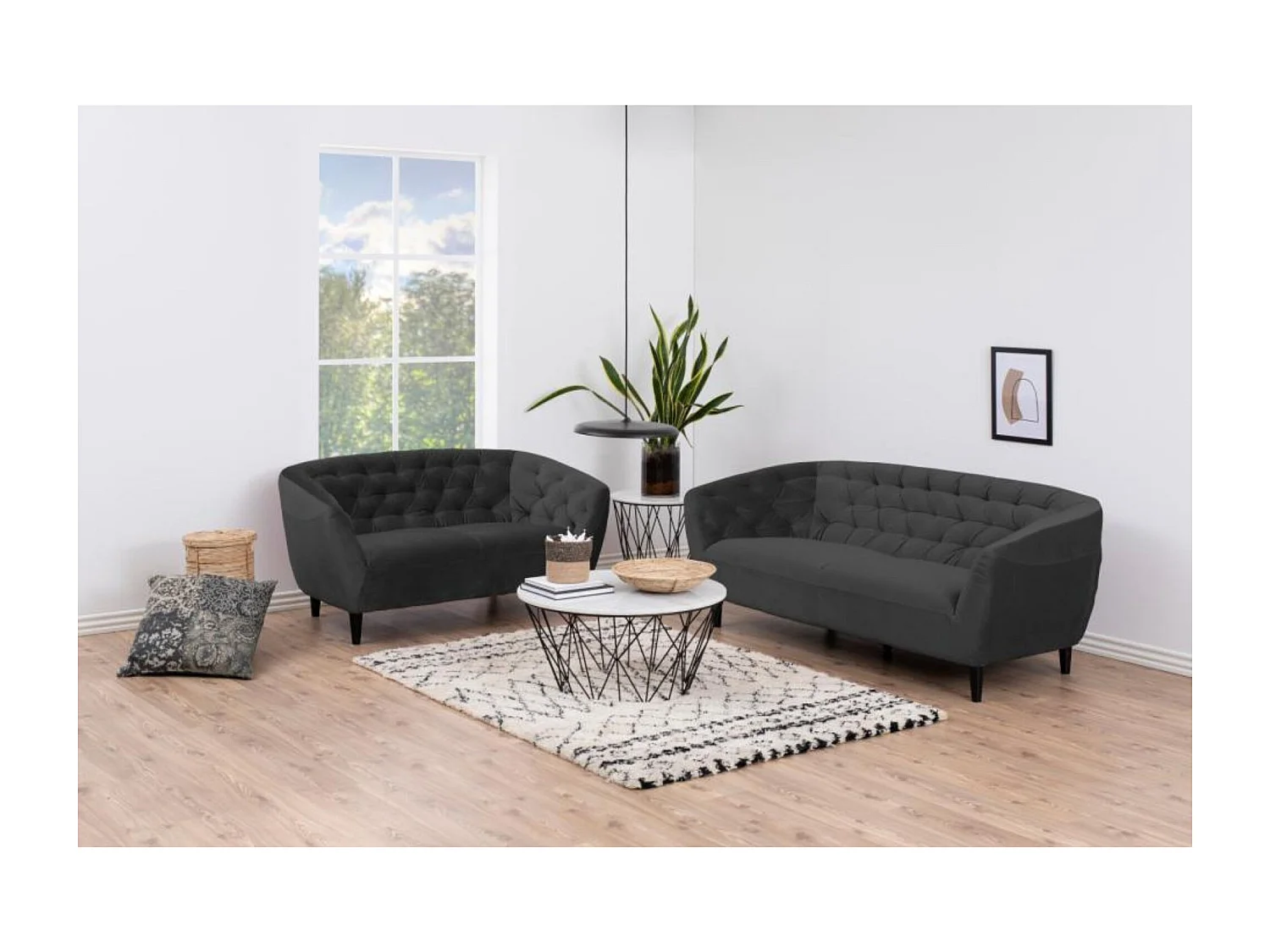 Canapé droit 2 places en velours capitonné L150 - Ria