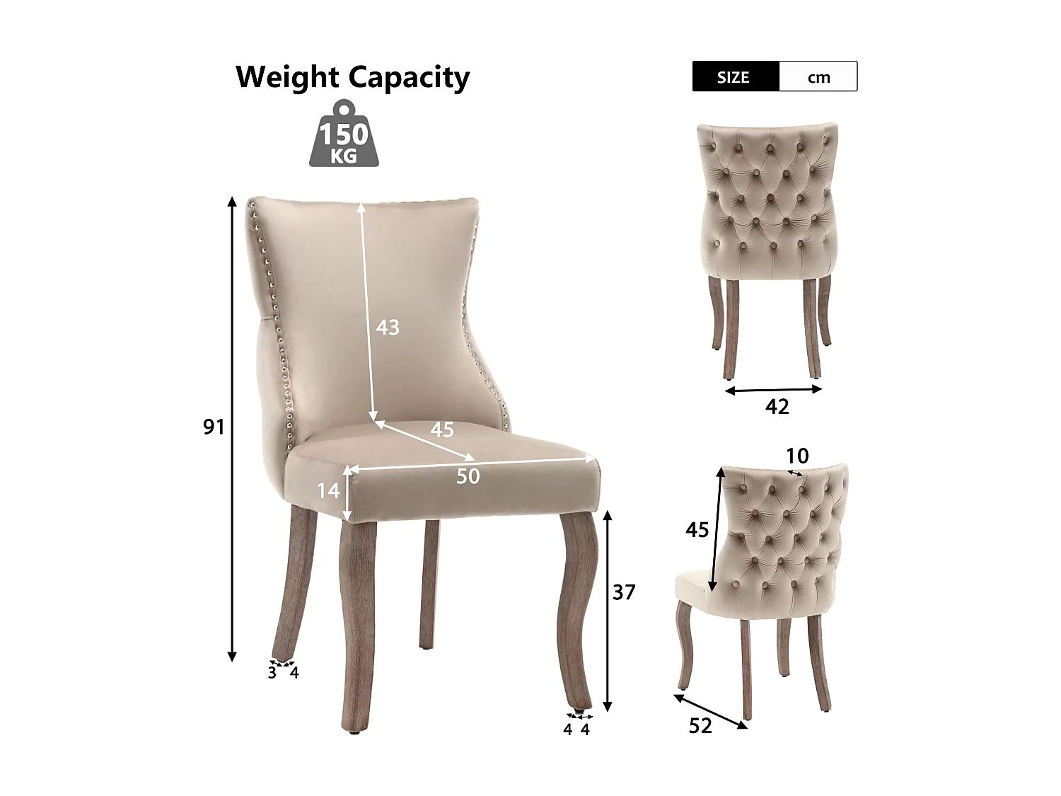 Conjunto de 2 sillas de terciopelo beige - Silla de 4 patas con costura de botones estructura de madera maciza para comedor - 91x50x49cm