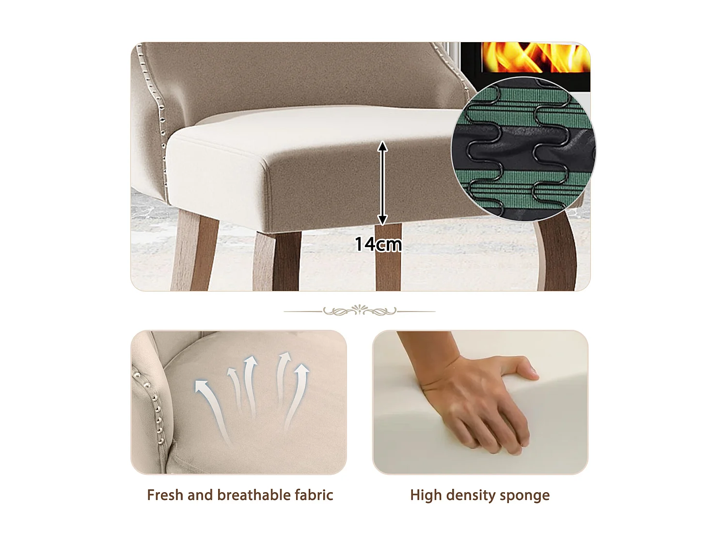 Conjunto de 2 sillas de terciopelo beige - Silla de 4 patas con costura de botones estructura de madera maciza para comedor - 91x50x49cm