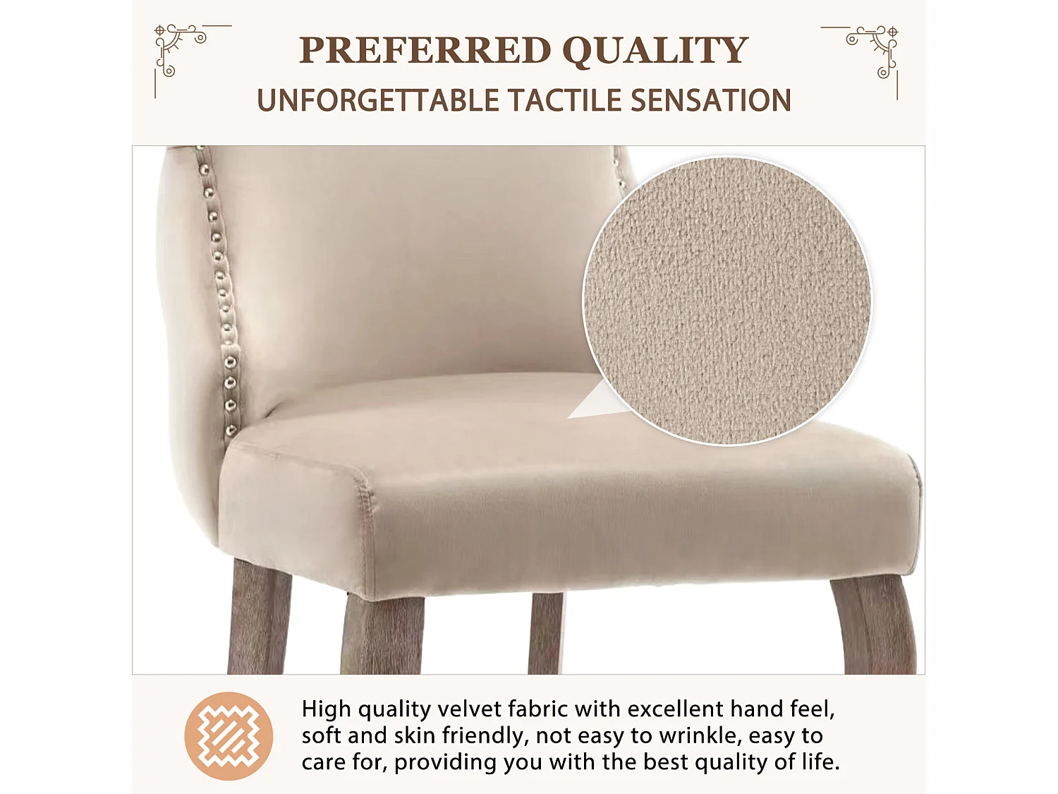 Conjunto de 2 sillas de terciopelo beige - Silla de 4 patas con costura de botones estructura de madera maciza para comedor - 91x50x49cm