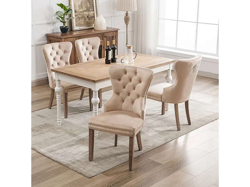 Conjunto de 4 cadeiras para sala de jantar, cozinha e sala de estar Cadeira estofada Pernas em madeira maciça - 53,5x64x95cm Bege