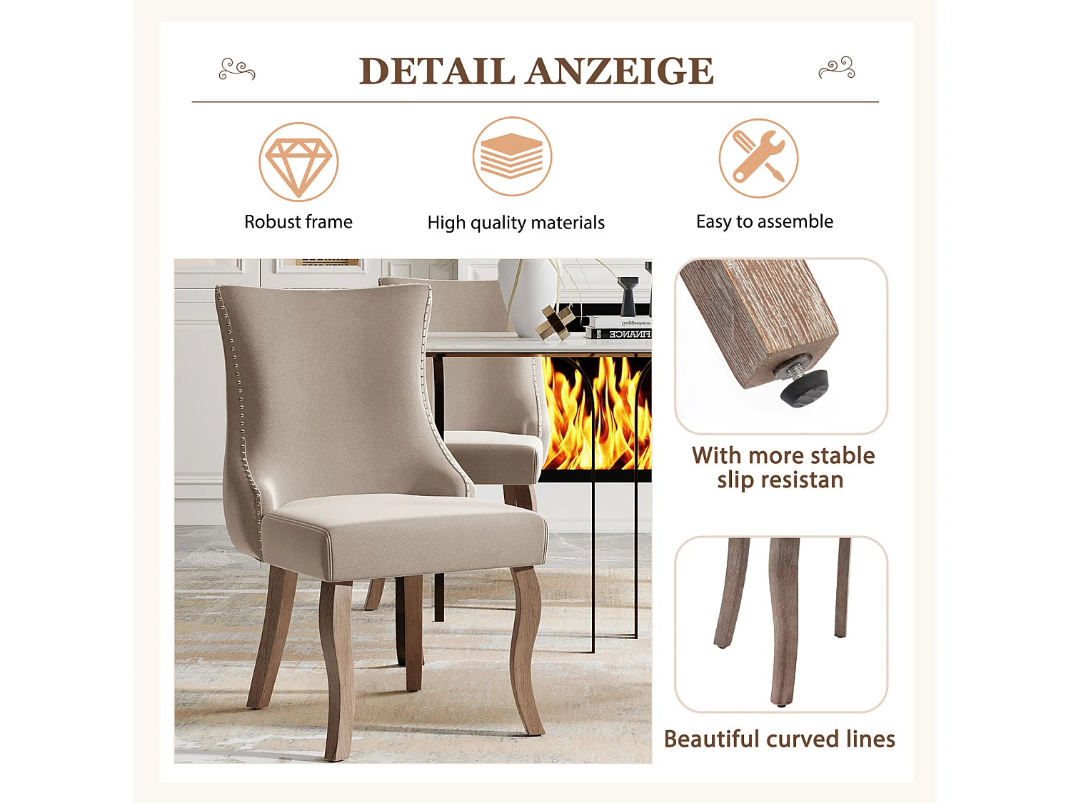 Lot de 4 chaises velours beige - Chaise 4 pieds avec piqûre de bouton structure en bois massif pour salle à manger - 91x50x49cm